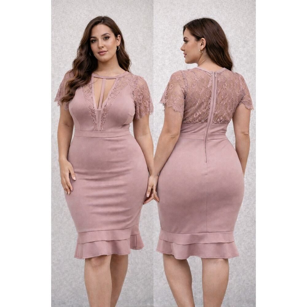 VENUS Dusty Rose Lace Sleeve Plus Size 2X Stretch Bodycon V‑Neck Dress NWT